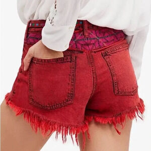 Free People Sun Break Embroidered-Yoke Denim Red Acid Wash Shorts Size 31